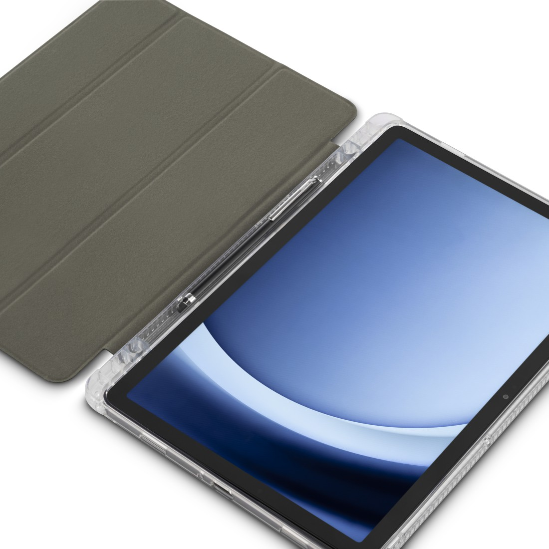 Tablet mit transparenter Hülle, Stift und grauem Cover. Der Bildschirm zeigt einen blau-weißen Farbverlauf.