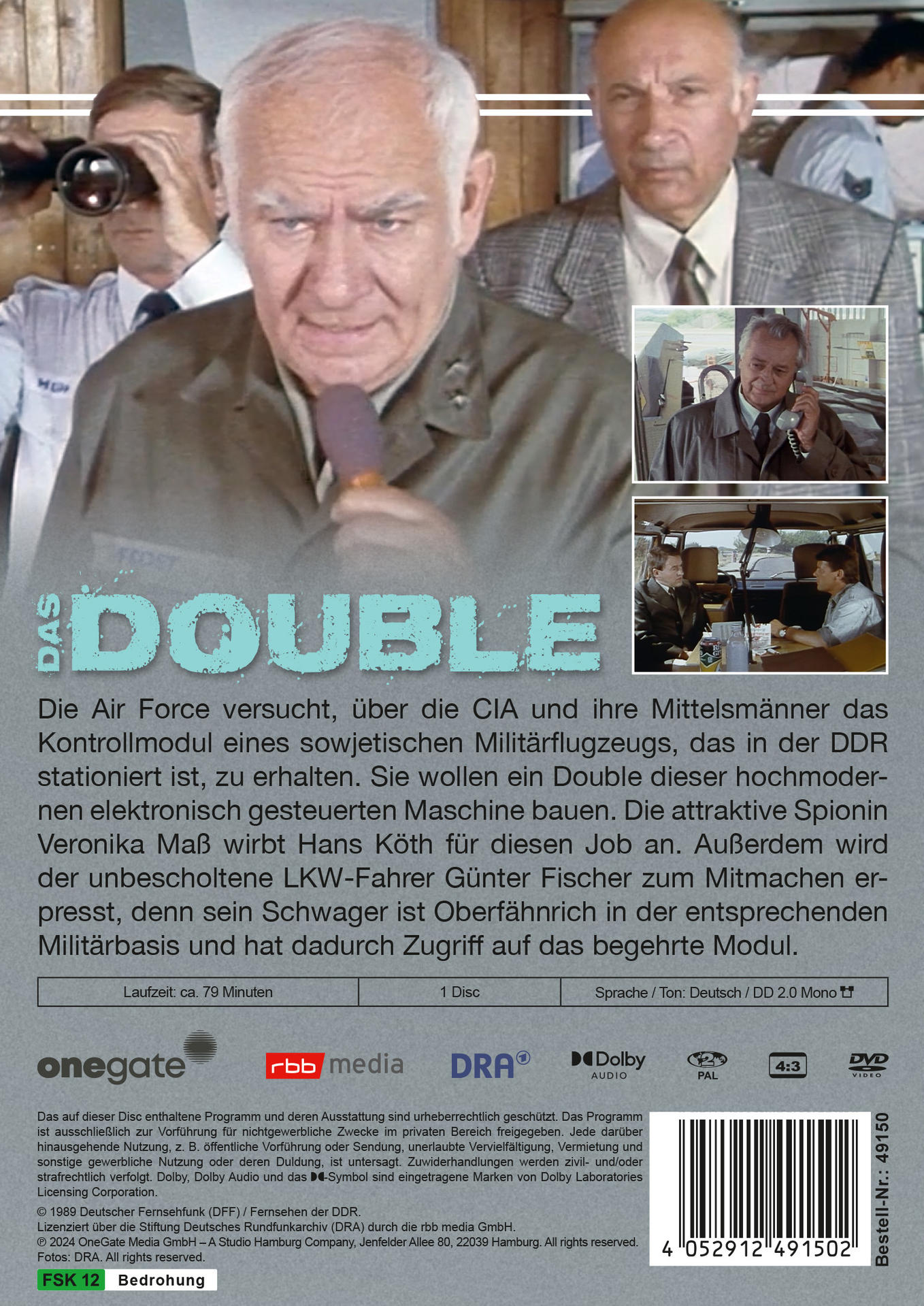 DVD-Cover für "Das Double". Zeigt Schauspieler und Text vor dem Hintergrund einer Filmszene.