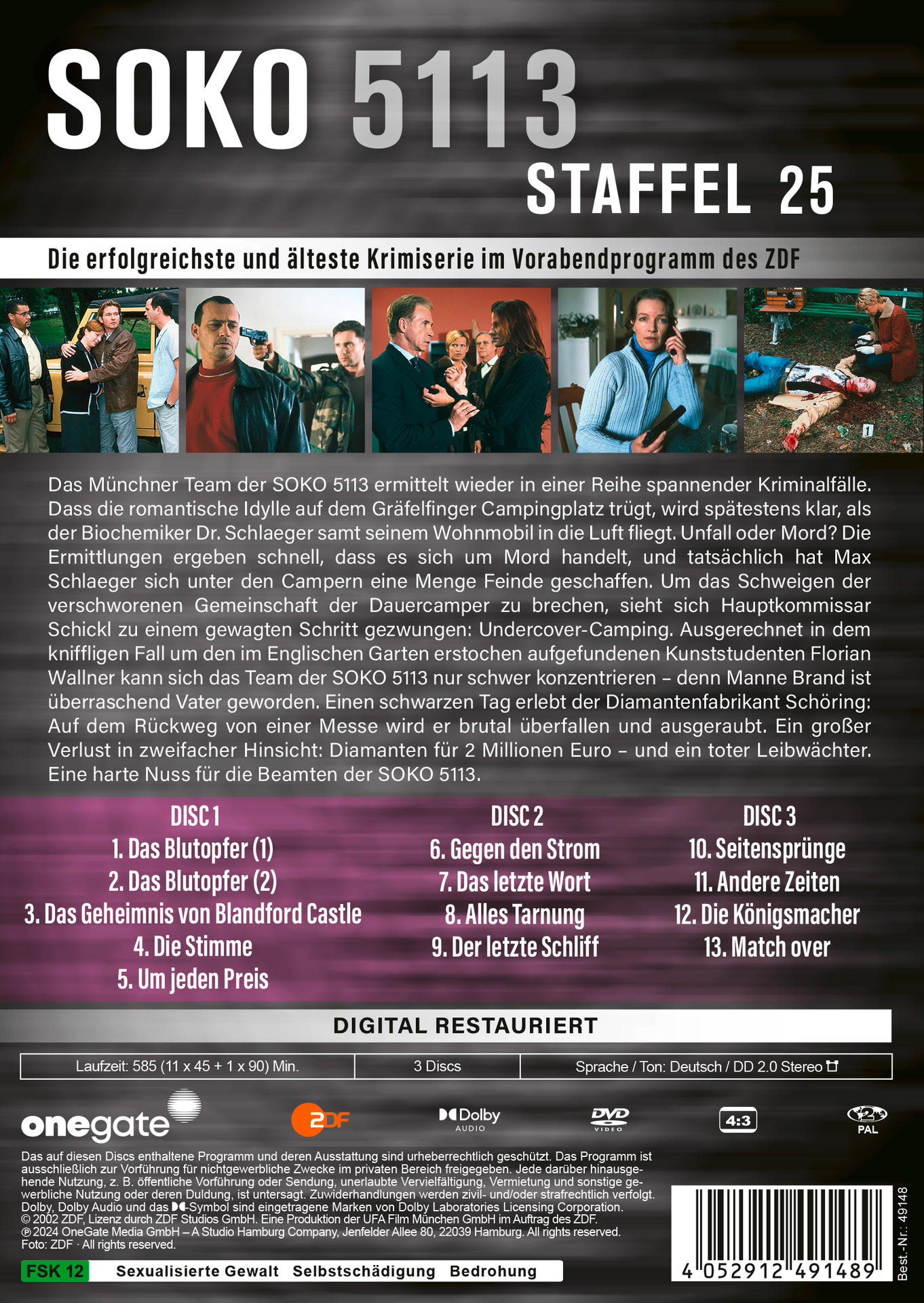 DVD-Hülle für die deutsche Fernsehserie 'SOKO 5113'. Zeigt Schauspieler und Tatortbilder.