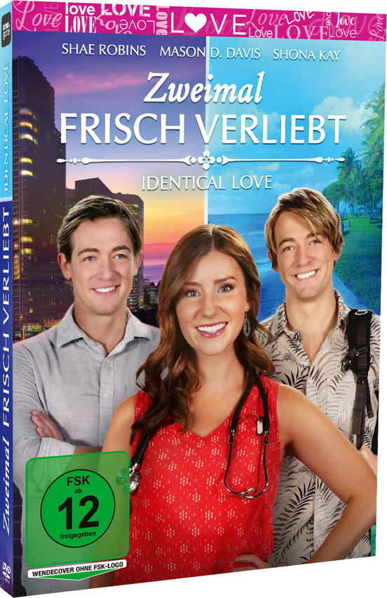 DVD-Cover mit drei Schauspielern. Titel "Zweimal Frisch Verliebt". Eine Frau in Rot, zwei Männer. Hintergrund Stadt und Strand.