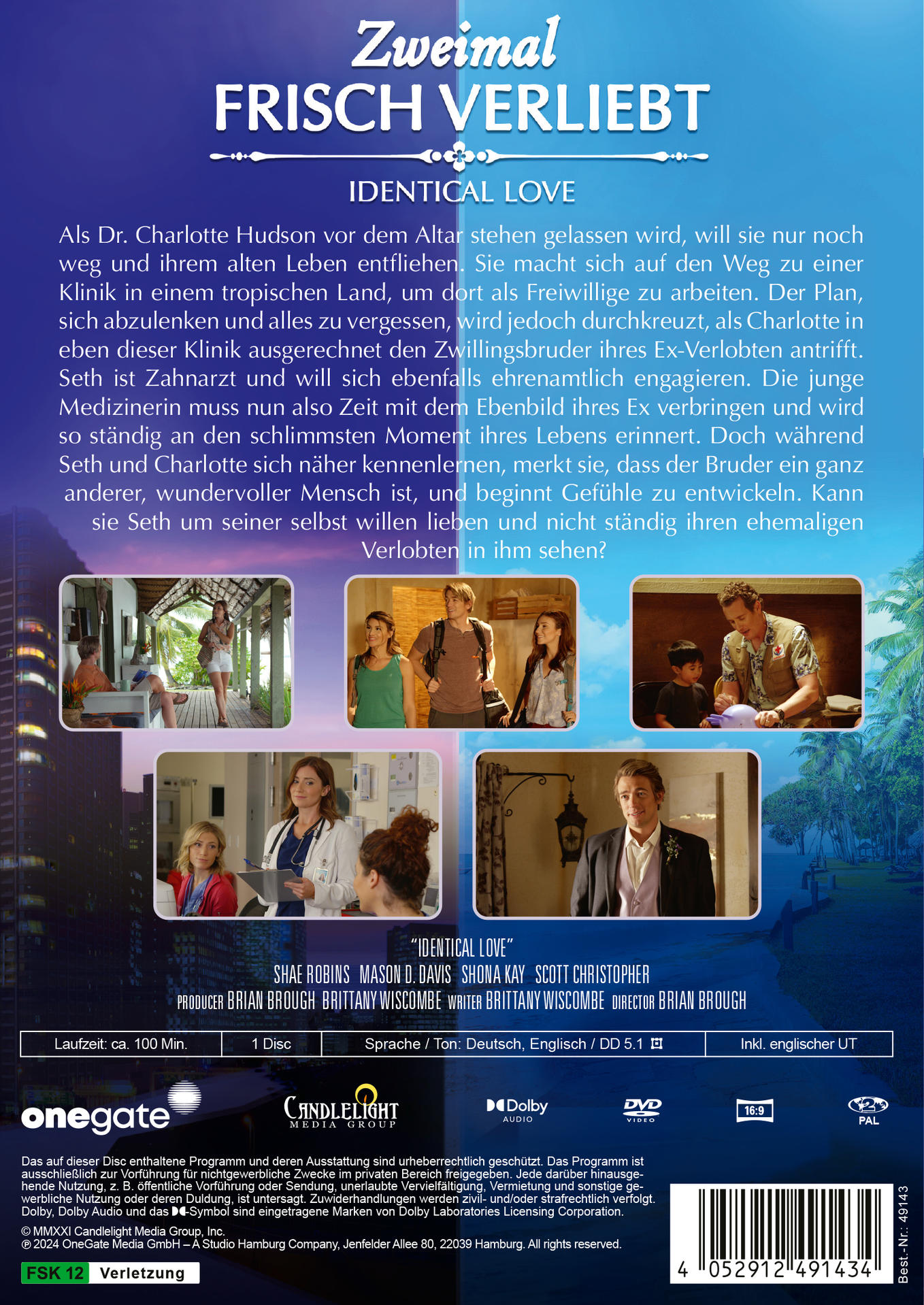 DVD-Hülle für einen Film mit dem Titel 'Identical Love'. Schauspieler vorne und eine Zusammenfassung hinten.