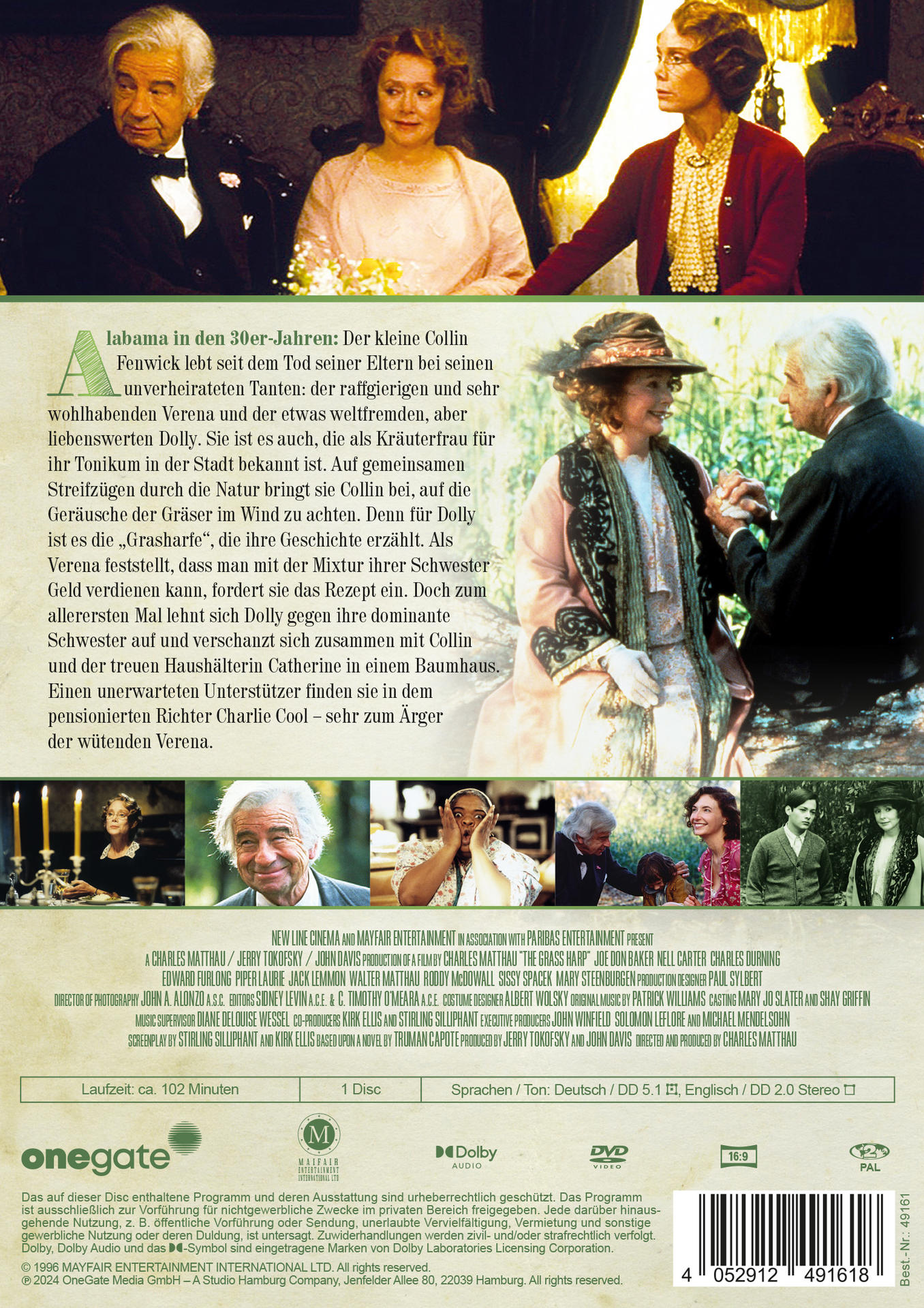 Filmcover mit Schauspielern in einer Szene. Text auf Deutsch. Titel: "The Grass Harp".