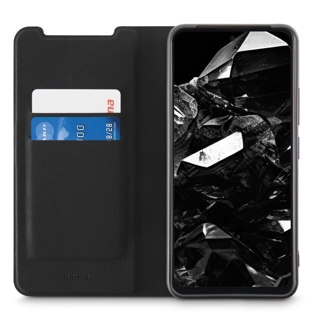 Schwarzes Telefon in einer Brieftaschen-Hülle mit Karten. Ein Schwarz-Weiß-Bild ist auf dem Bildschirm.