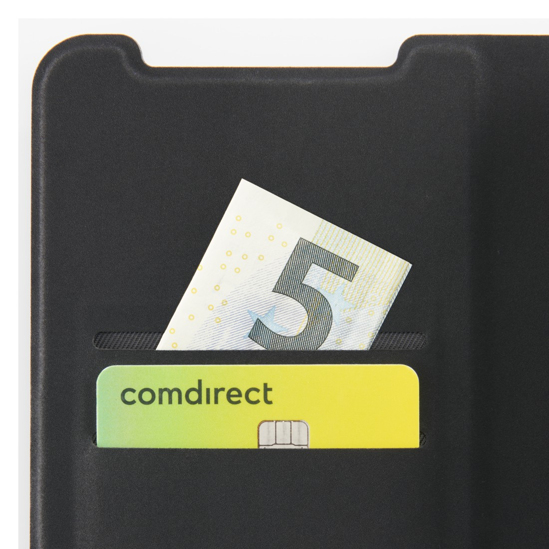 Schwarzes Portemonnaie mit einem 5-Euro-Schein und einer comdirect-Karte. Text: comdirect.