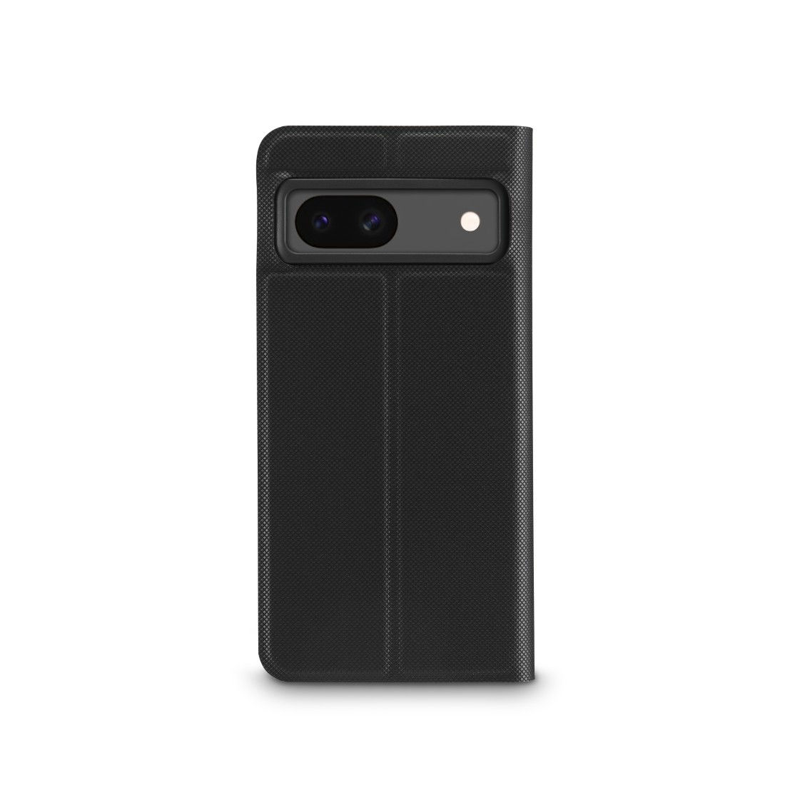 Schwarze Handyhülle, geschlossen, mit Aussparungen für Dual-Kamera und Blitz. Es ist eine Hülle im Brieftaschenstil, auf weißem Hintergrund.