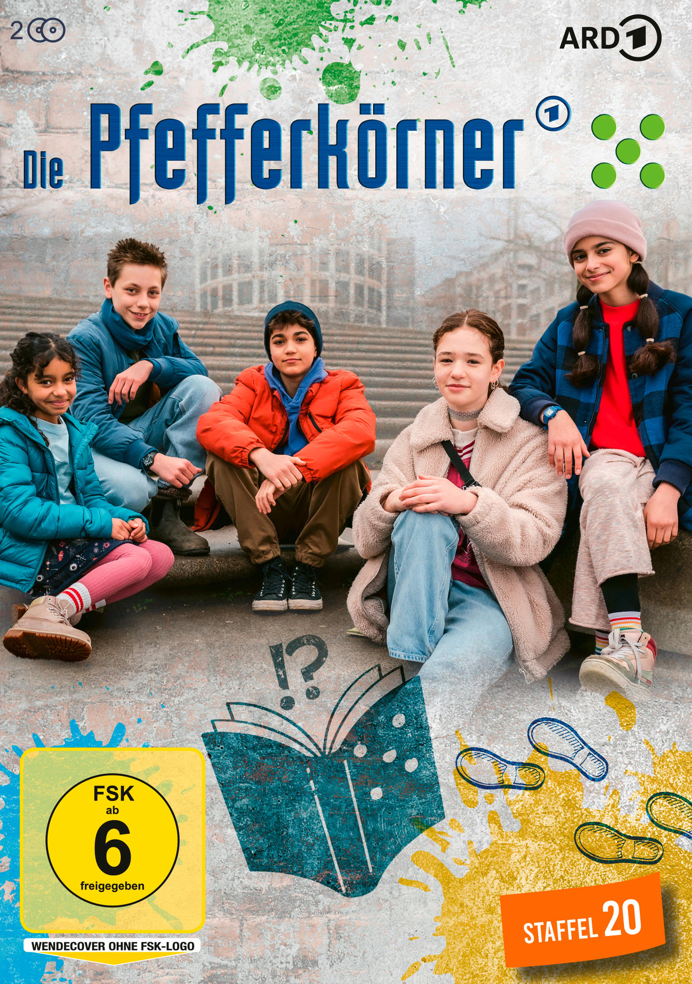 DVD-Cover von 'Die Pfefferkörner' mit Kindern, die auf Treppen sitzen, Logo und Text.