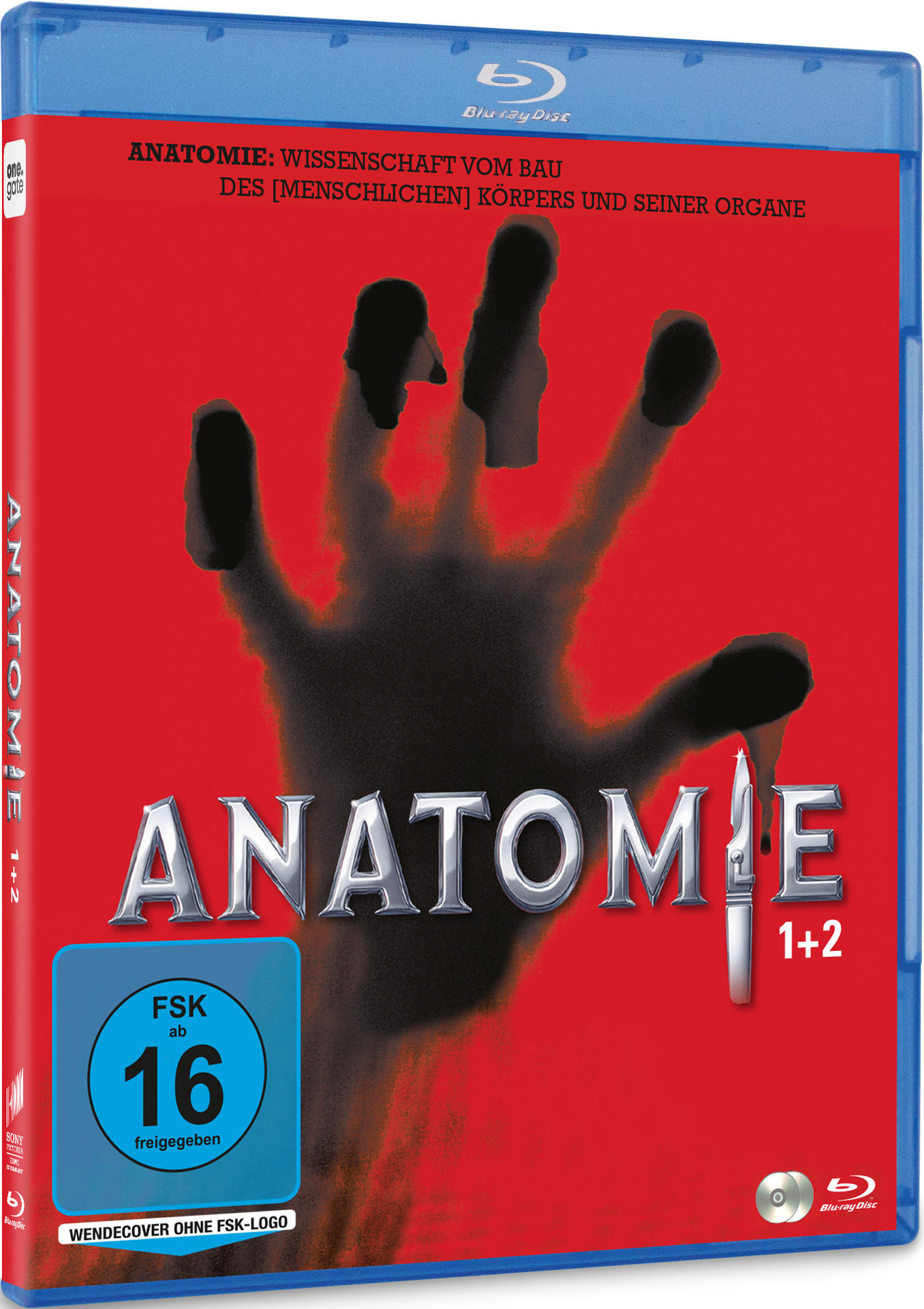 DVD-Cover, Anatomie 1+2, Handsilhouette und Messer.