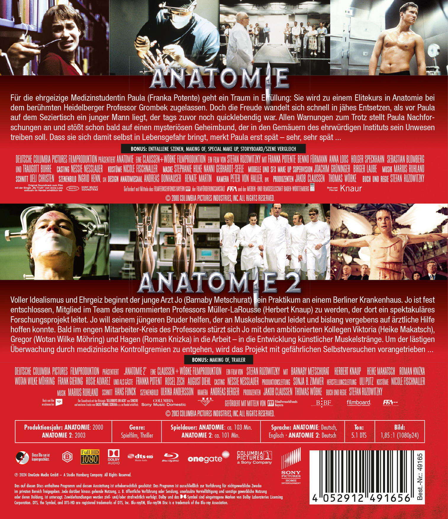 Rückseite einer Anatomy 2 DVD-Hülle. Die Hülle zeigt Schauspieler, Crew und Filmdetails.