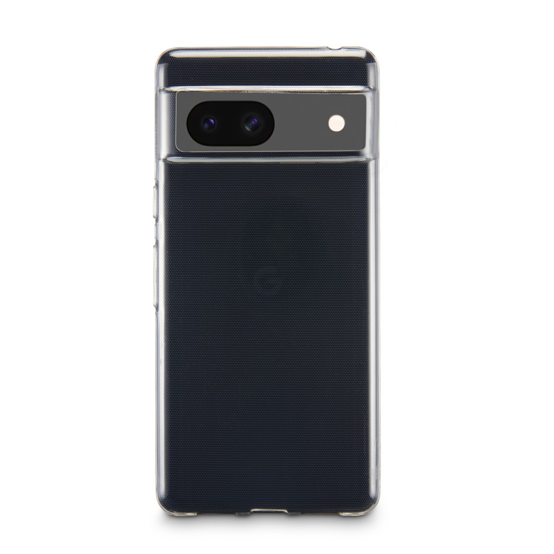Eine Smartphone-Hülle mit einer dunkelblauen strukturierten Rückseite und einem transparenten Panel für die Kamera. Es hat ein schlichtes Design.