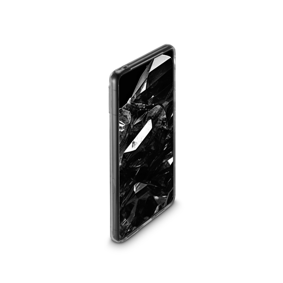 Ein Smartphone mit einem gesprungenen Bildschirm, das ein schwarzes, zersplittertes Aussehen zeigt.