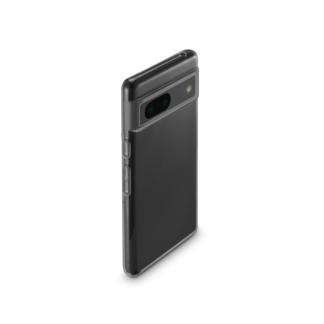 Schwarzes Smartphone in einer durchsichtigen Hülle, abgewinkelt auf weißem Grund.