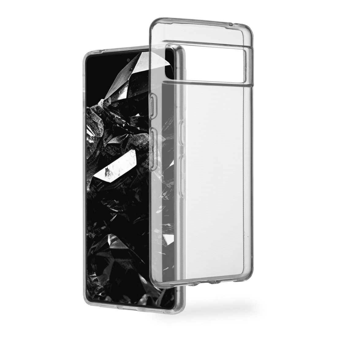 Ein Telefon mit gesprungenem Bildschirm neben einer durchsichtigen Handyhülle.