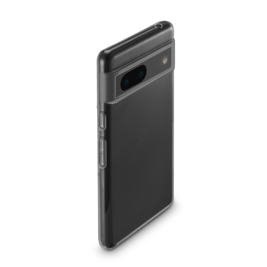 Ein schwarzes Telefon in einer transparenten Hülle, abgewinkelt, um die Kamera und Knöpfe zu zeigen.