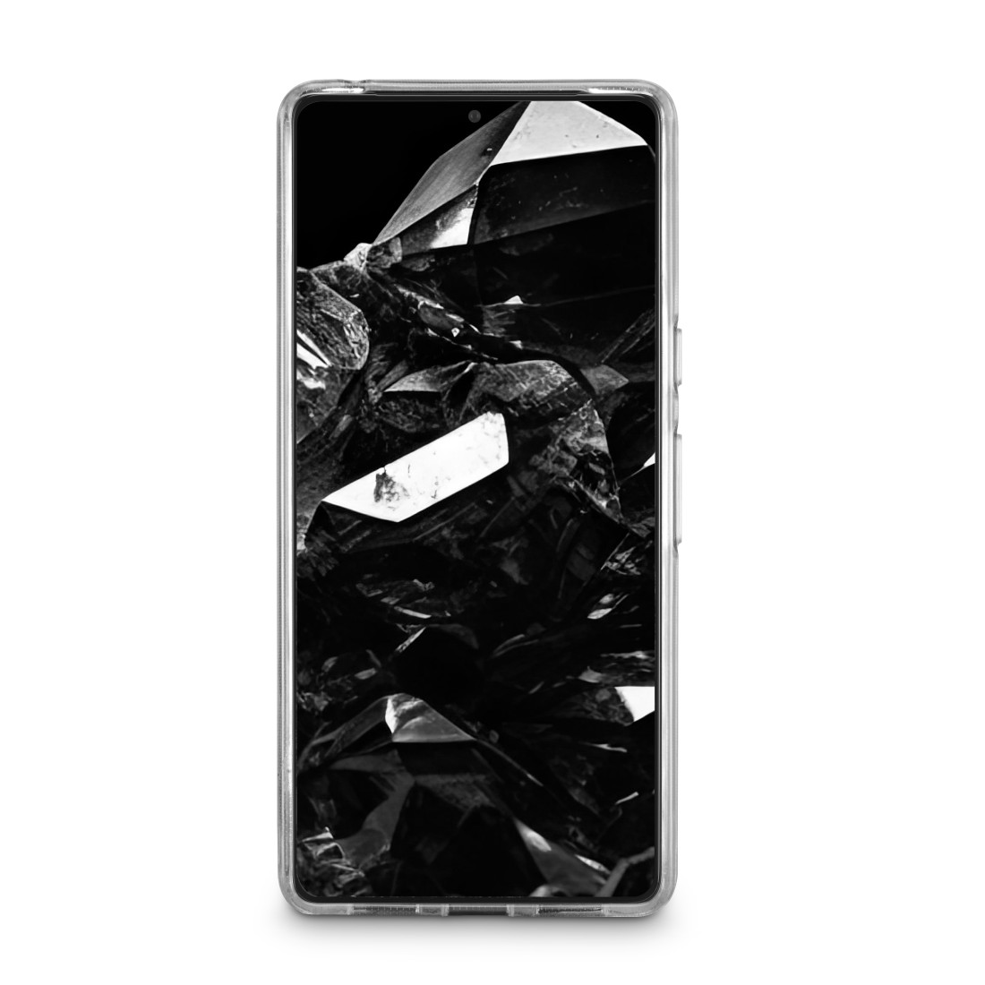 Smartphone mit schwarz-weißer abstrakter Kunst auf dem Bildschirm.