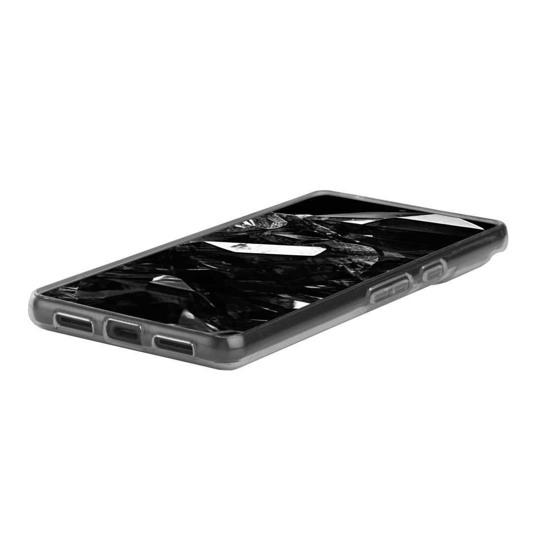 Ein schwarzes Smartphone auf einer weißen Oberfläche. Der Bildschirm zeigt ein dunkles, abstraktes Muster.