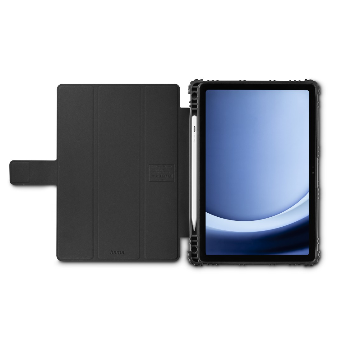Schwarzes Tablet in einer schwarzen Hülle mit einem Stift. Die Hülle ist offen, das Tablet rechts.