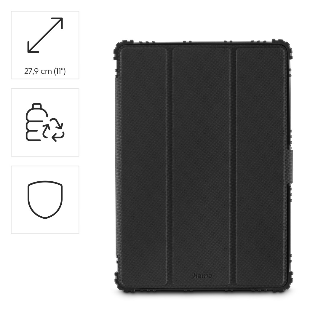 Schwarze Tablet-Hülle mit strukturiertem Muster, zeigt Dimensionen und Recycling-Symbole.