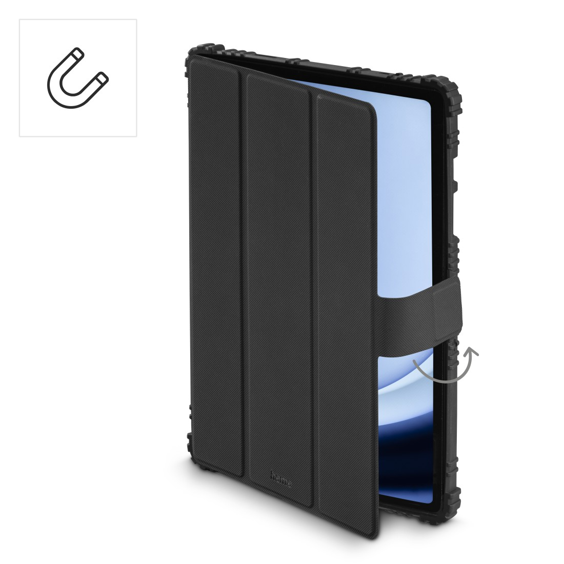 Schwarze Tablet-Hülle, teilweise geöffnet. Die Hülle hat ein strukturiertes Design.