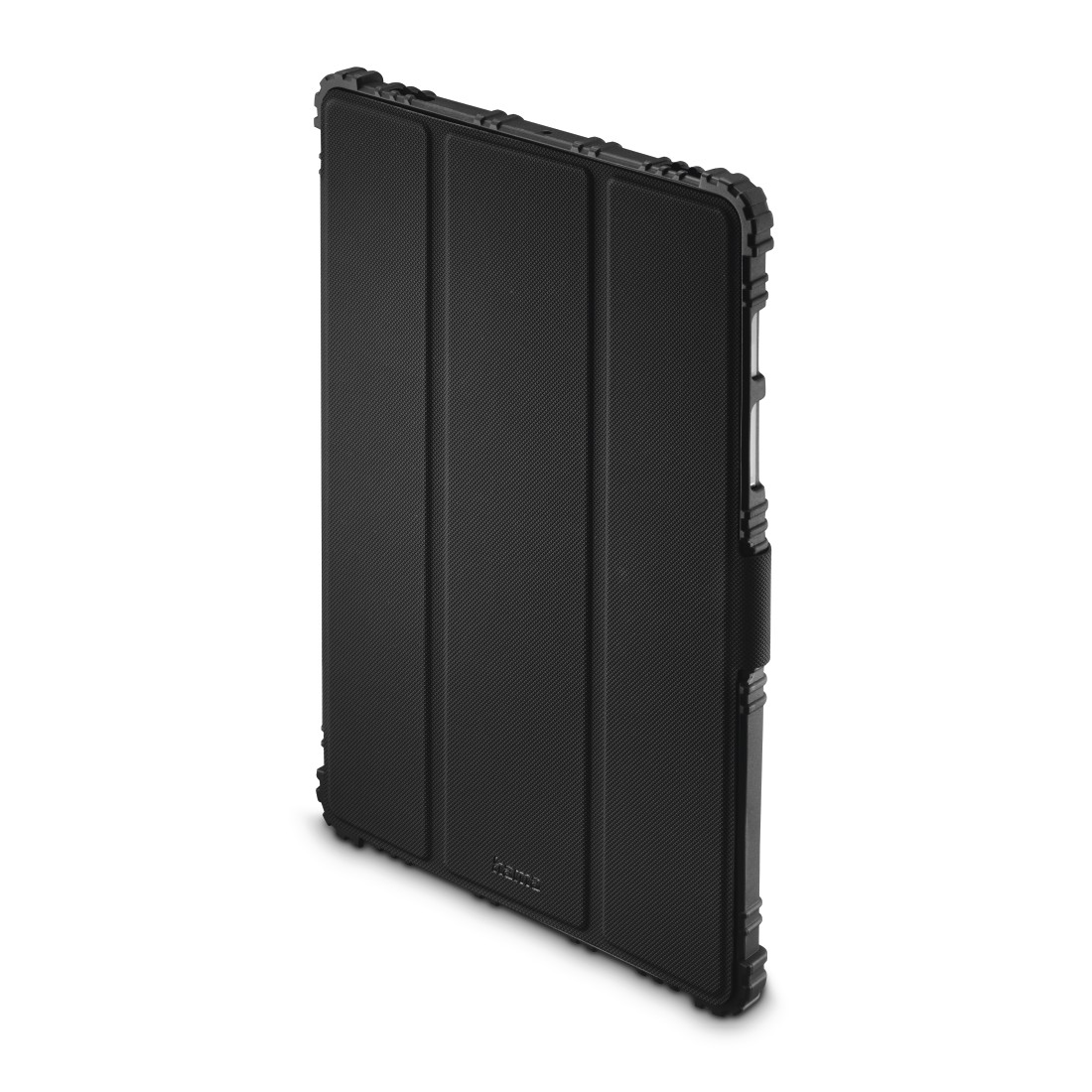 Schwarze Tablet-Hülle, geschlossen und strukturiert, Seitenansicht zeigt Eckdetails.