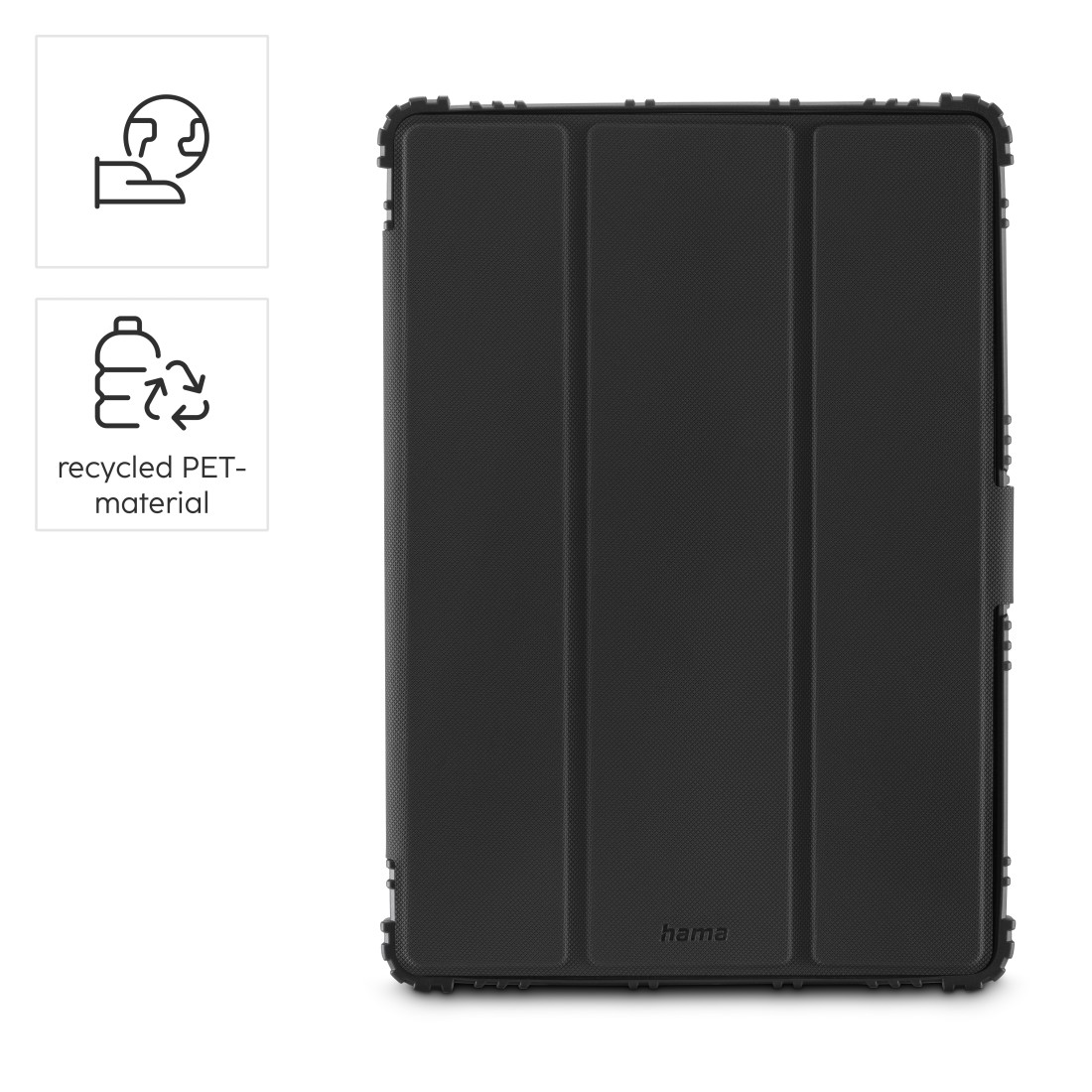 Schwarze iPad-Hülle mit strukturierter Frontabdeckung, zwei Icons und Text für recyceltes PET-Material.