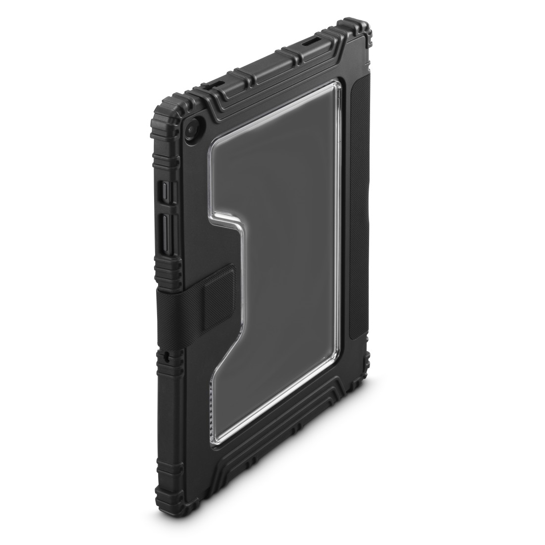 Eine schwarze, robuste Tablethülle. Sie hat eine transparente Kunststoff-Bildschirmabdeckung und einen Riemen an der Seite.