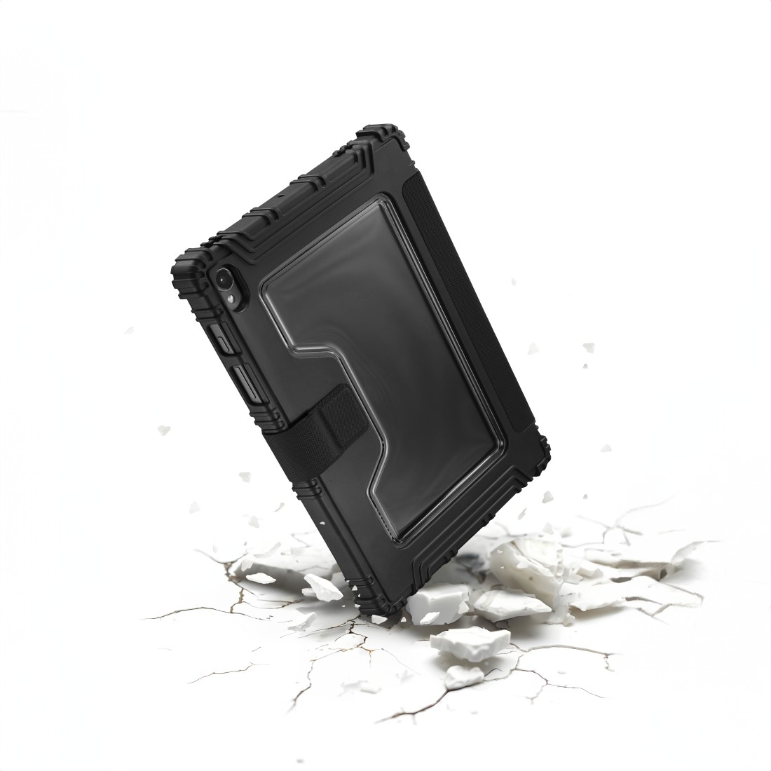 Schwarzes Tablet in einer robusten Hülle mit klarer Displayschutzfolie. Die Hülle ist beschädigt und von Trümmern umgeben.