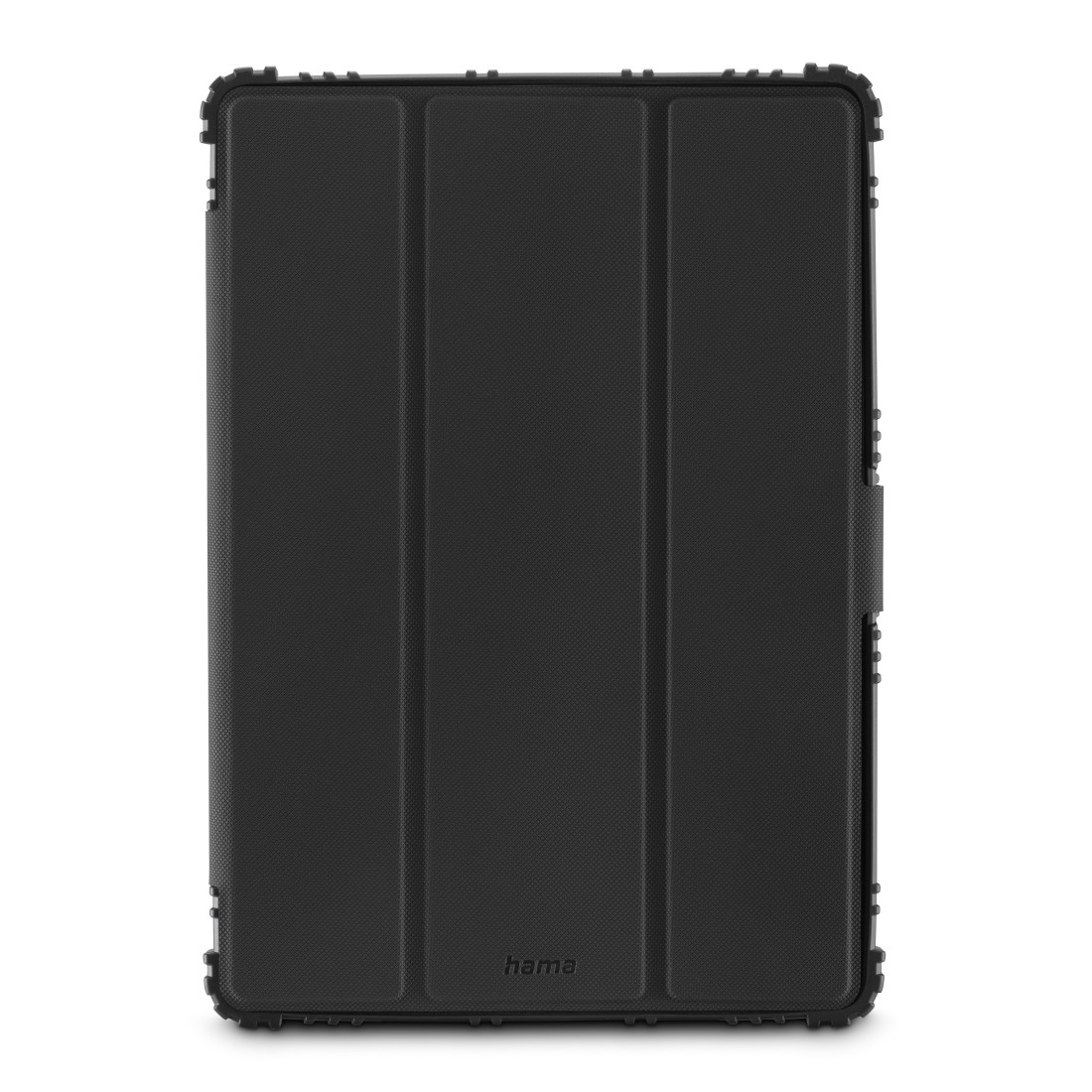 Schwarze Tablet-Hülle, geschlossen, mit strukturierter Oberfläche und verstärkten Kanten. Weißer Hintergrund.