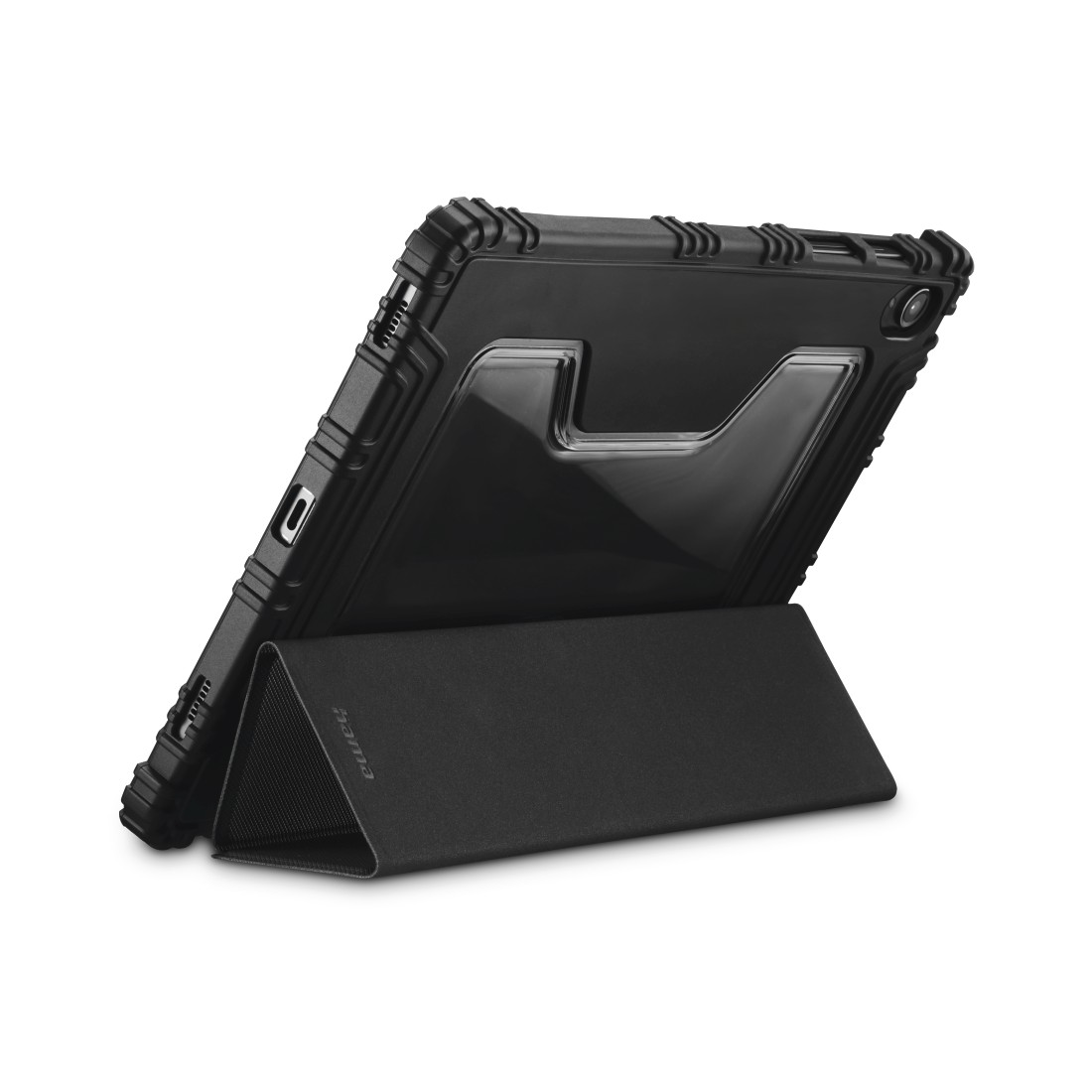 Schwarzes Tablet in einer schwarzen Hülle mit Ständer, auf weißem Hintergrund.