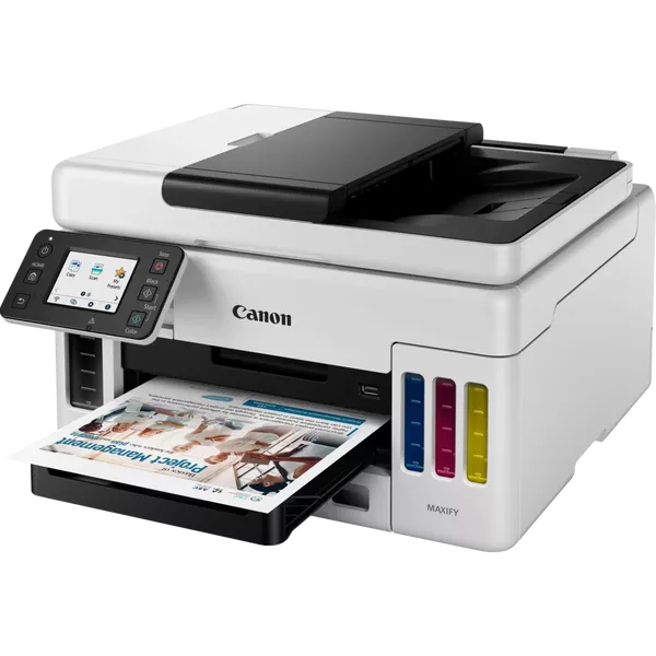 Canon Maxify Drucker. Weiß mit schwarzem Oberteil. Druckt ein farbiges Dokument.