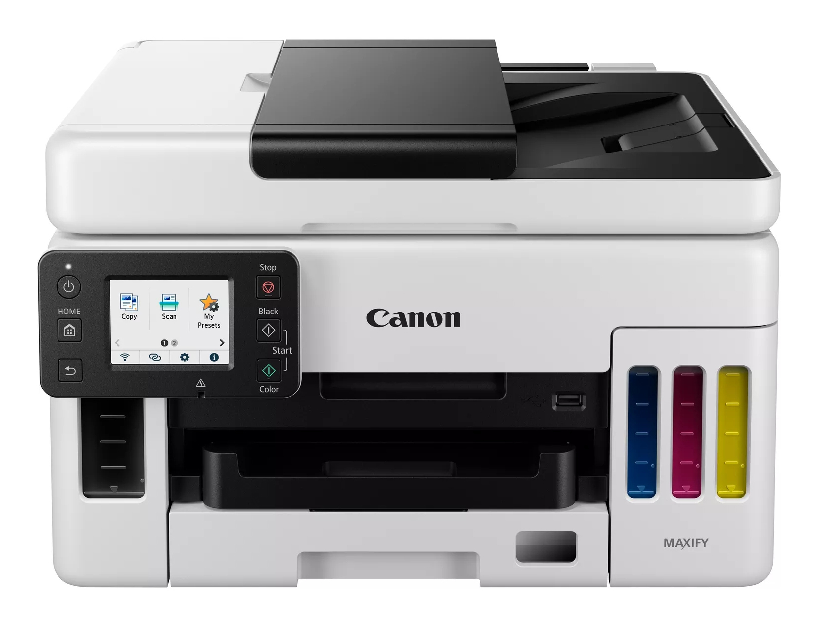 Weißer und schwarzer Canon Maxify Drucker mit Touchscreen, Tintenbehältern und Papierfach.
