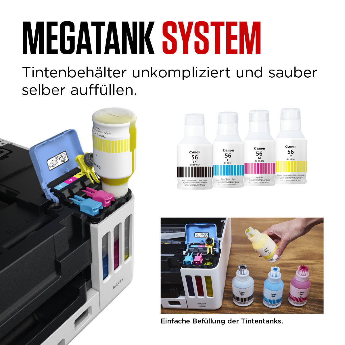 Bild zeigt einen Drucker mit Tintenbehältern und Tintenflaschen mit dem Text: MEATANK SYSTEM.