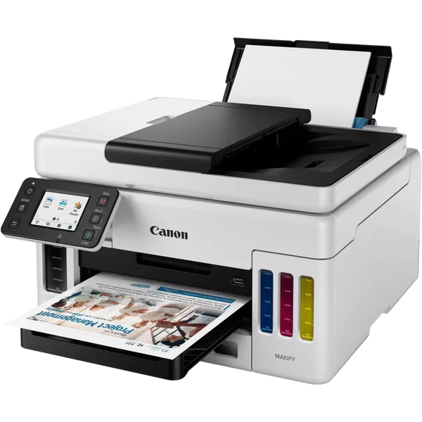 Canon MAXIFY Drucker mit Dokument und Tintenpatronen.