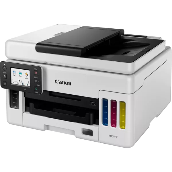 Ein weißer Canon-Drucker mit schwarzem Deckel und Farb-Touchscreen.