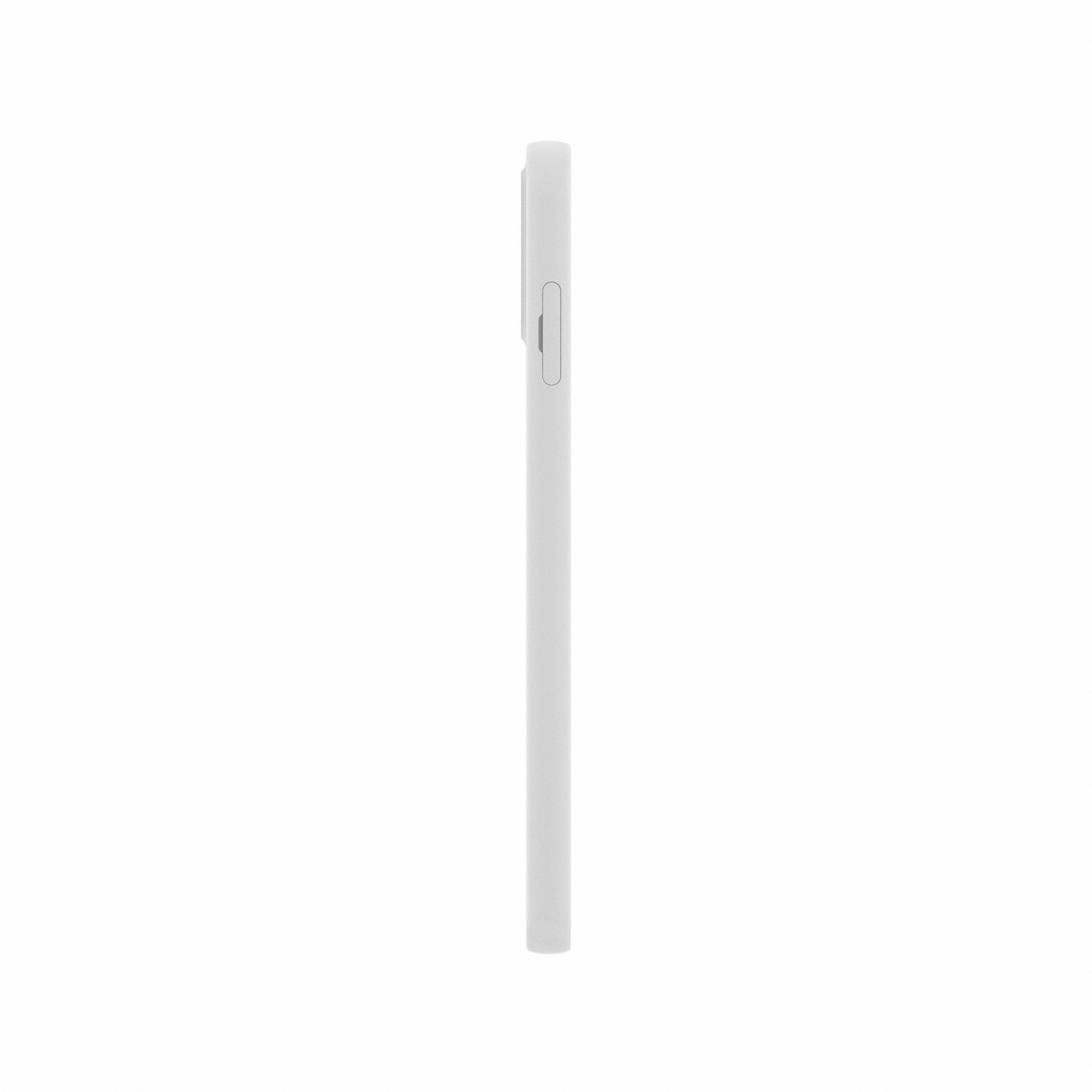 Ein weißes Smartphone, von der Seite gesehen, mit einer Taste und Kamera an der Seite.