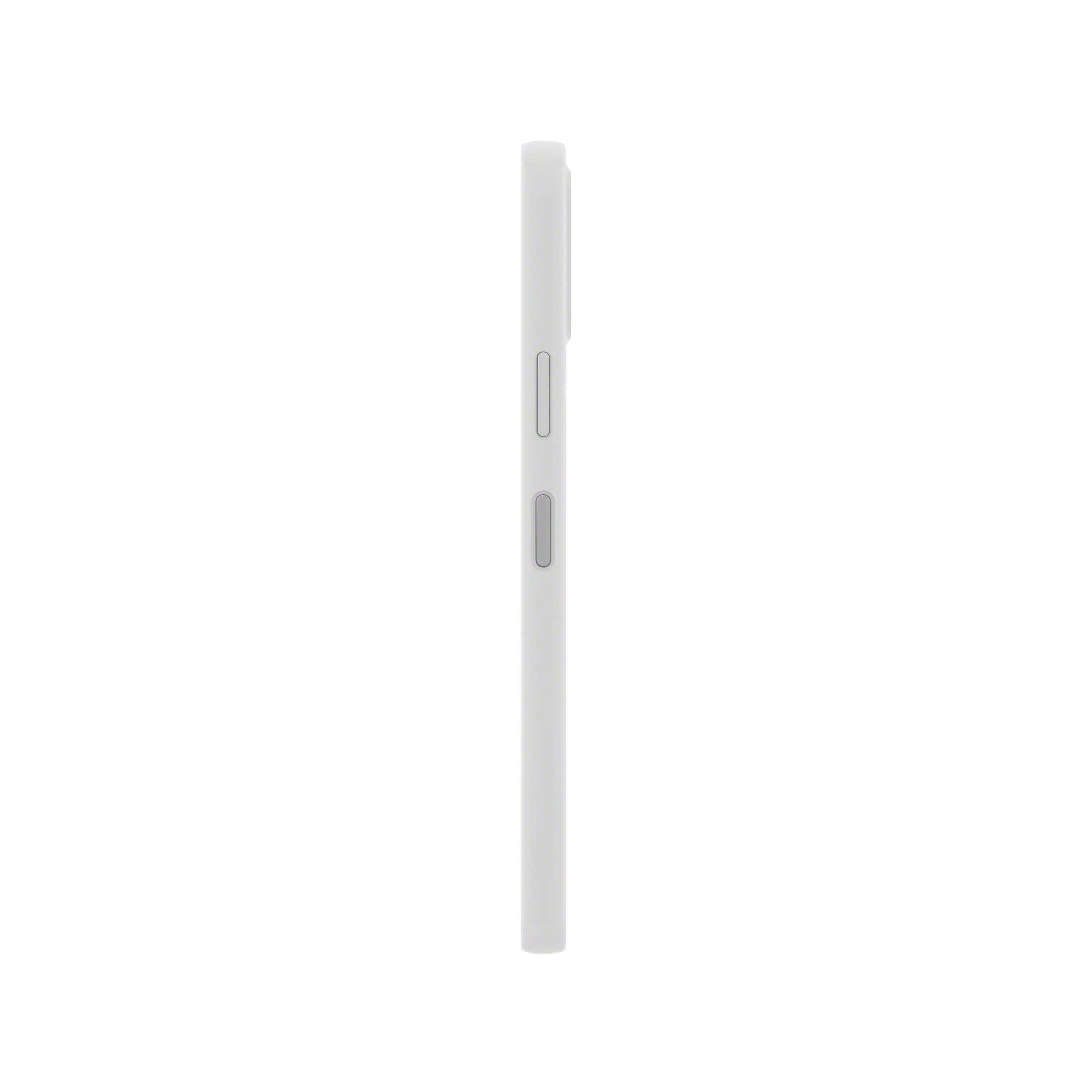 Ein weißes Smartphone von der Seite gesehen, das den Rand mit Tasten und einer Kamera zeigt.