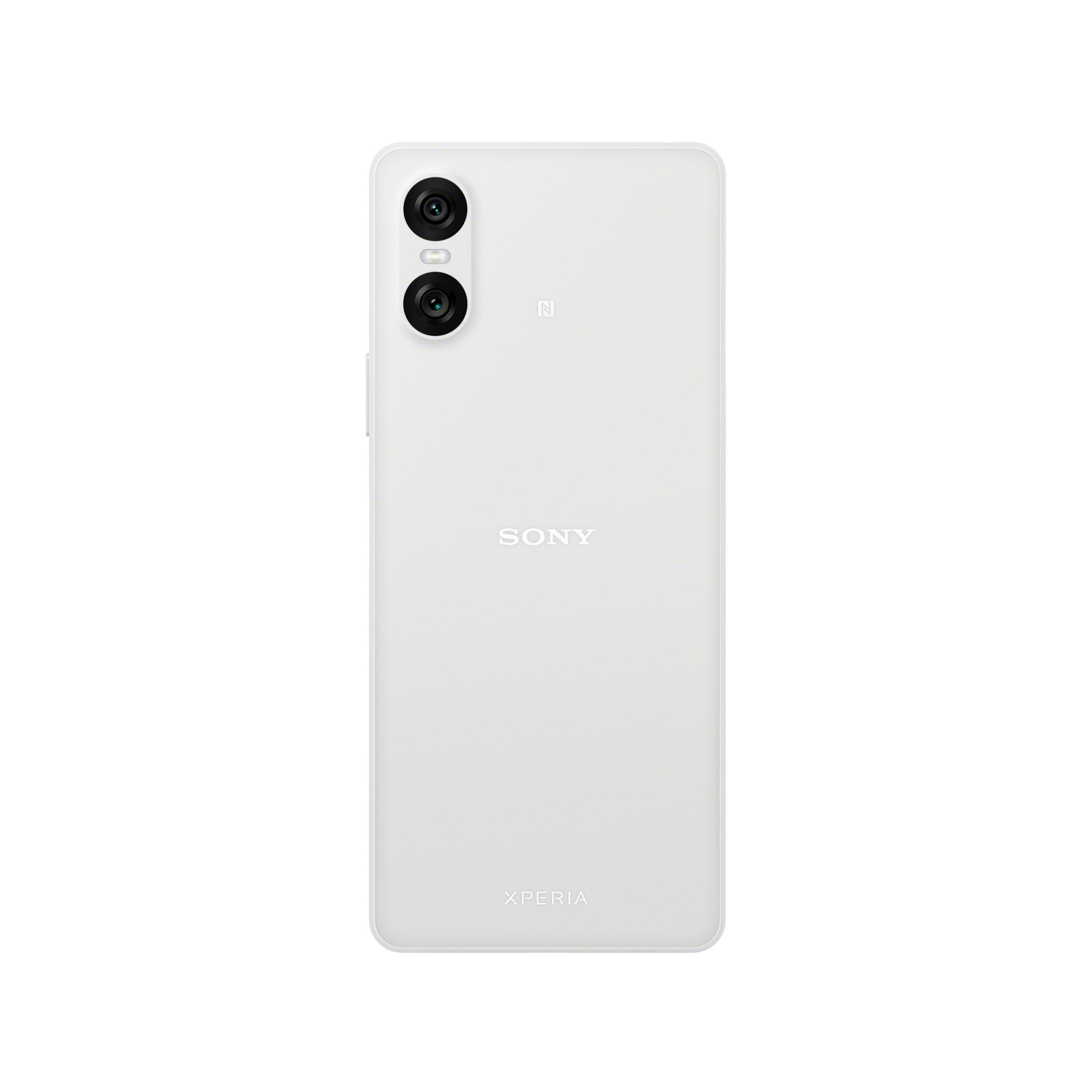 Rückseite eines weißen Sony Xperia-Telefons mit Dual-Kameras und Sony-Logo.