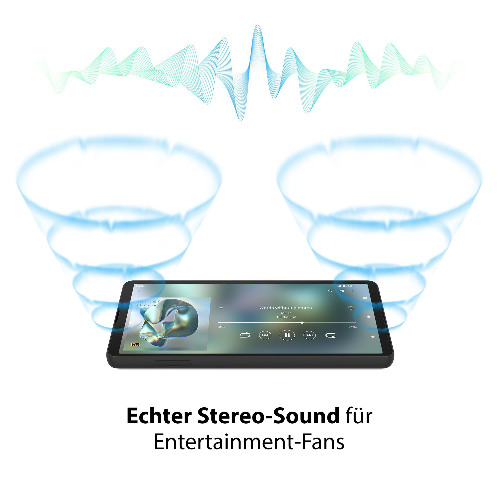 Smartphone mit Musikwiedergabe, umgeben von Schallwellen-Grafiken. Der Text sagt Stereosound.