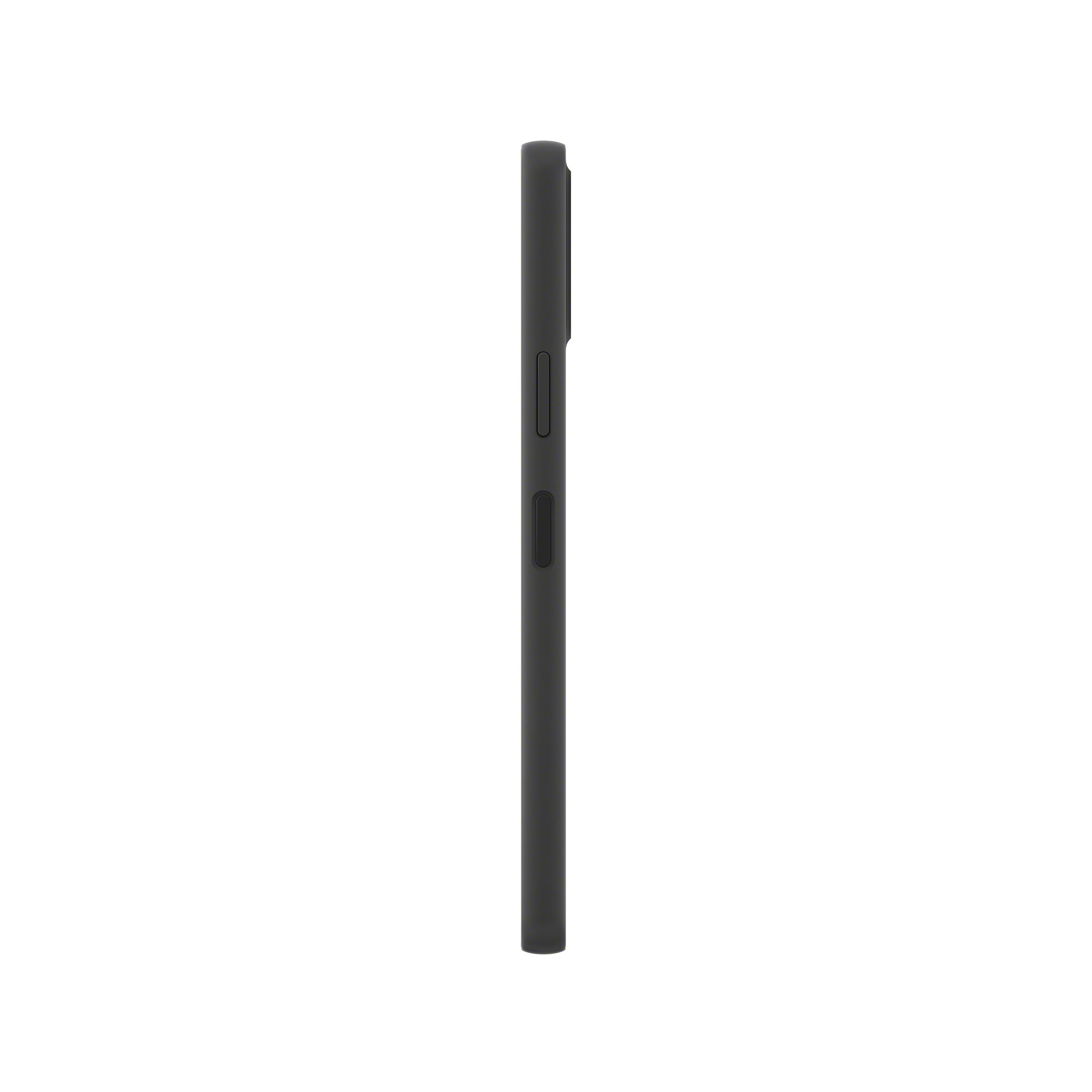 Seitenansicht eines schwarzen Smartphones mit Tasten und Kamera.