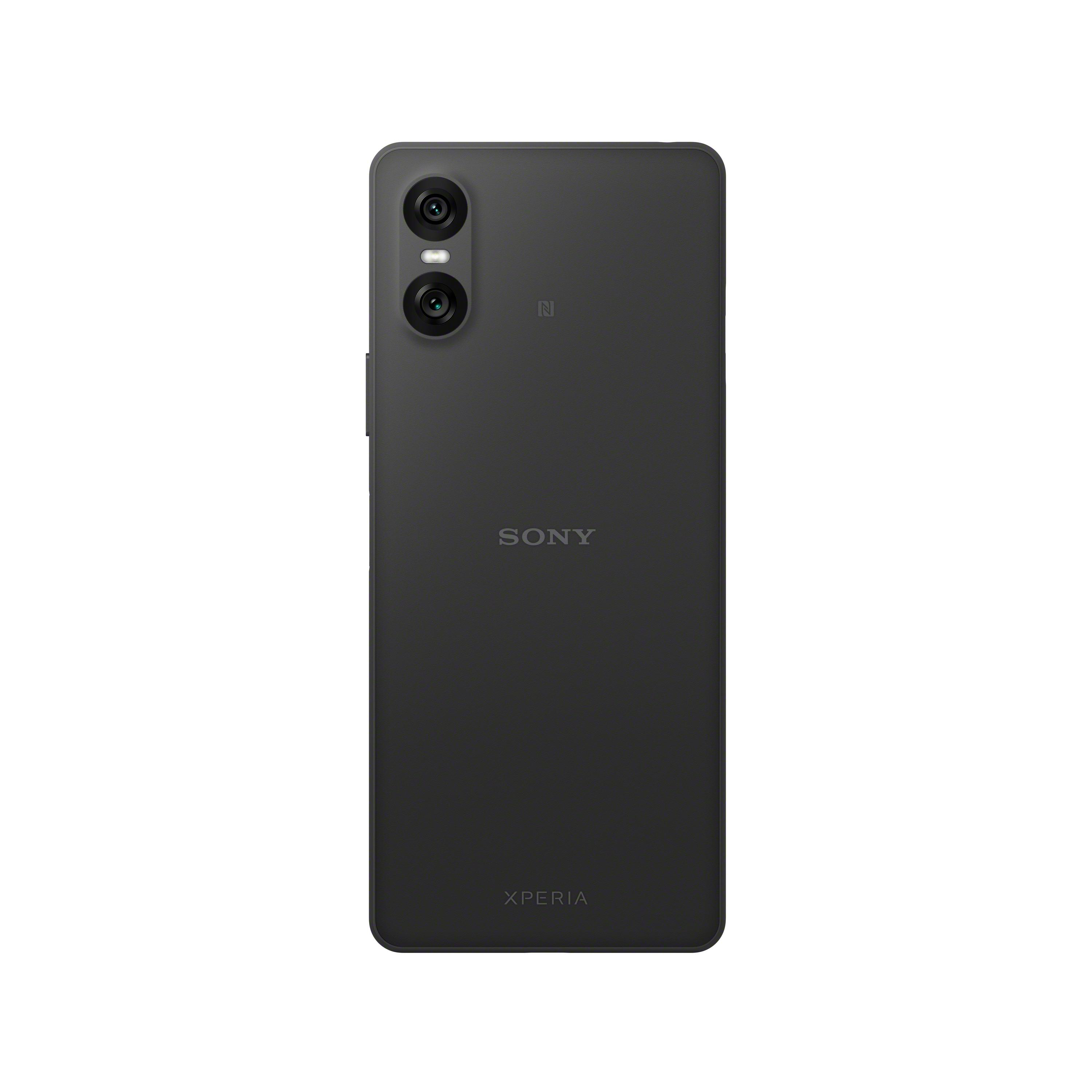 Rückseite eines schwarzen Sony Xperia-Telefons mit Dual-Kameras, Sony-Logo und Xperia-Text.