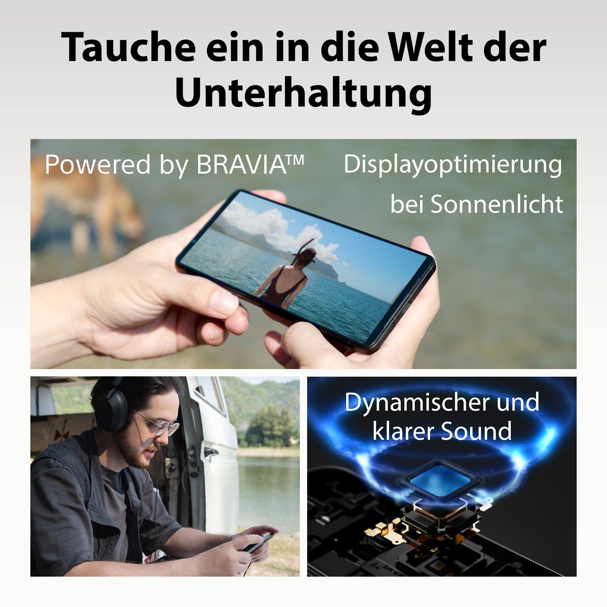 Bild zeigt ein Telefon mit Text und einen Mann, der Musik hört, und eine Szene am Strand.