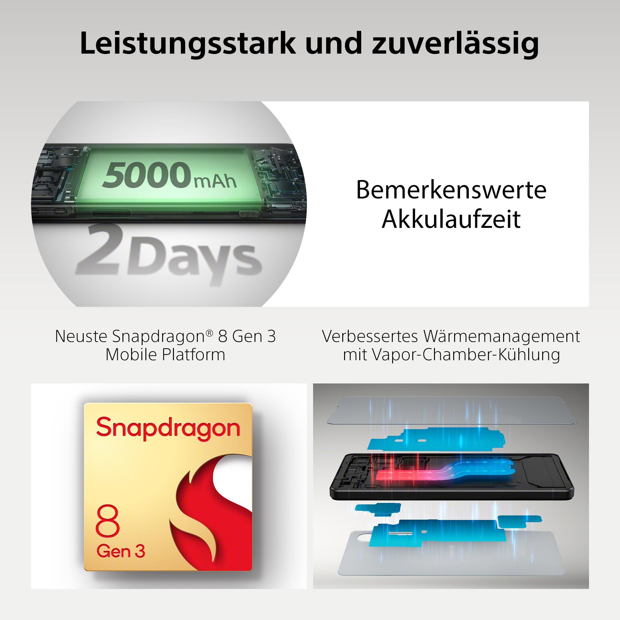 Grafik mit Telefondetails, Akkulaufzeit, Snapdragon-Prozessor und Kühlsystem.