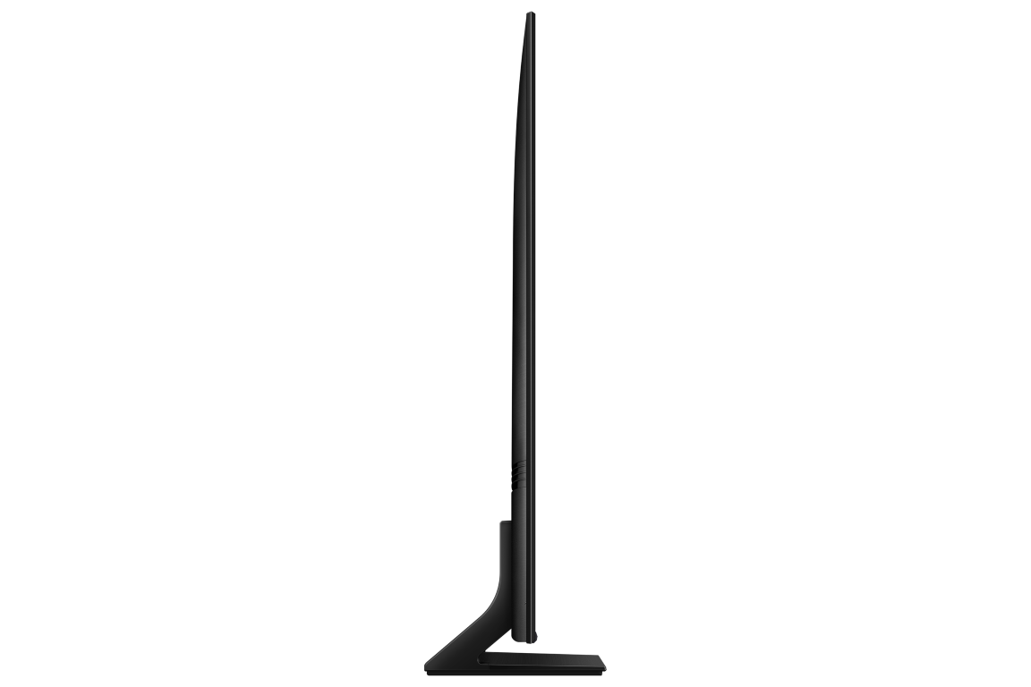 Siyah, çok ince bir TV'nin yan görünümü. Siyah bir arka plana karşı ayarlanmıştır.