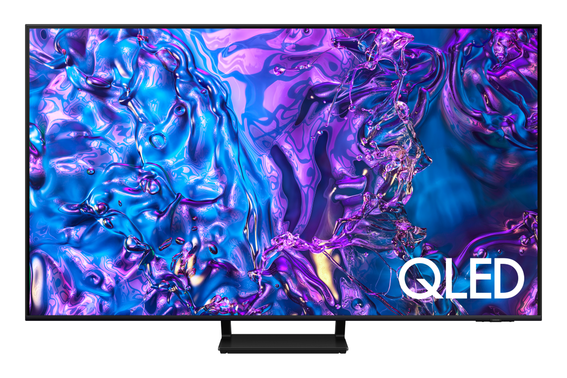 Canlı soyut bir ekrana sahip bir QLED TV. Ekran, dönen renkler ve büyük beyaz bir 'QLED' logosu gösteriyor.