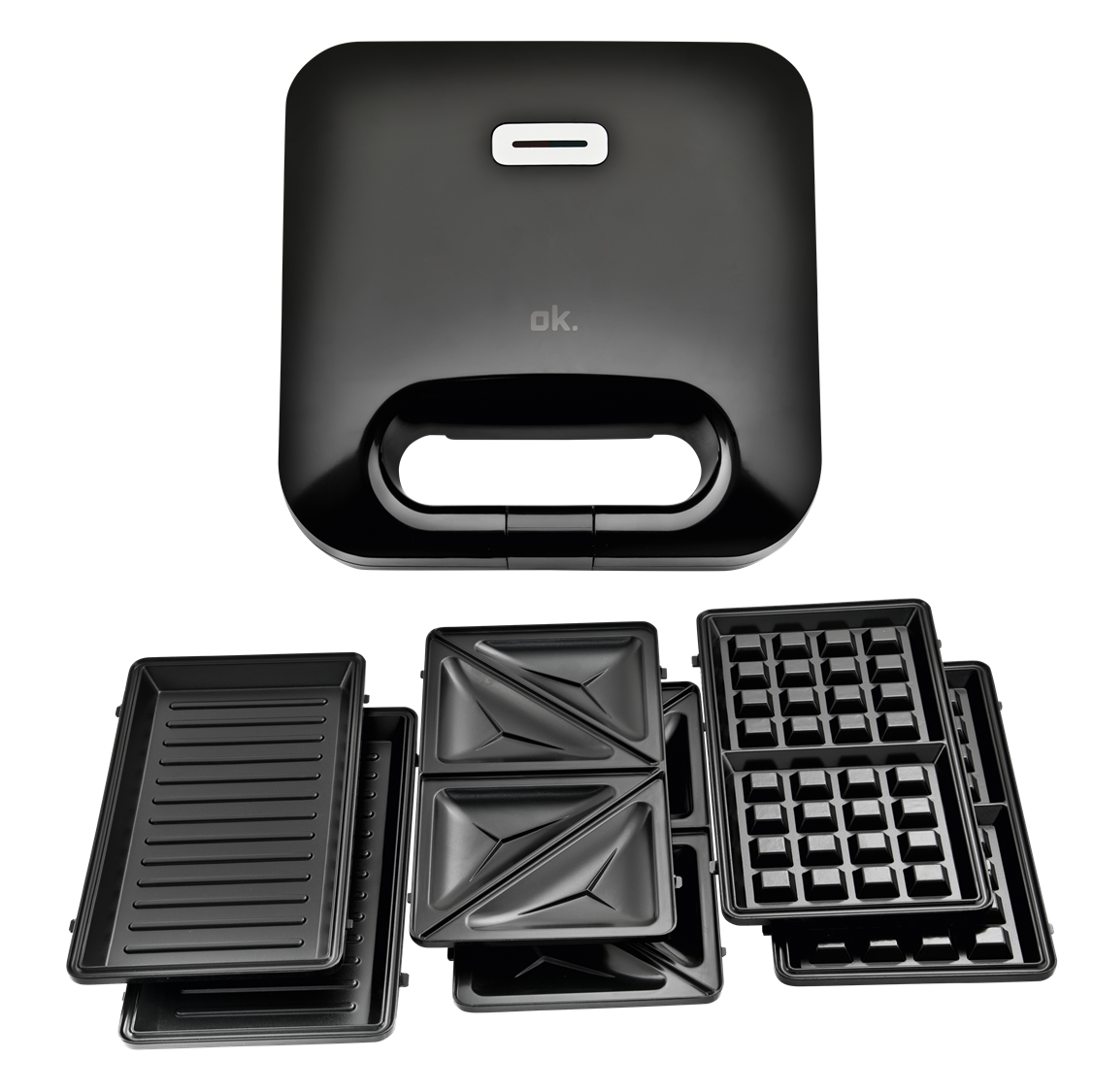 Czarny gofrownica z wymiennymi płytami. Płyty do gofrów, kanapek i grillowania.