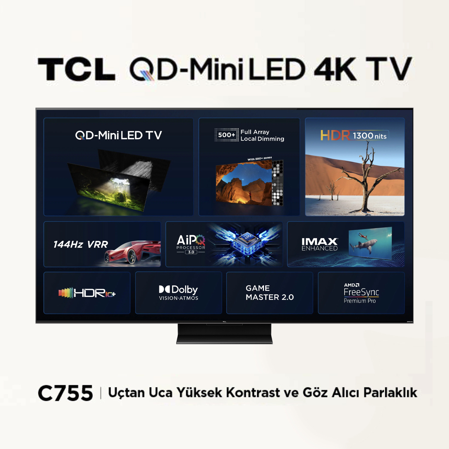 TCL QD-Mini LED 4K TV reklamı. Özellikleri arasında HDR, VRR ve Dolby Vision bulunur. Kırmızı bir araba gösteriliyor.