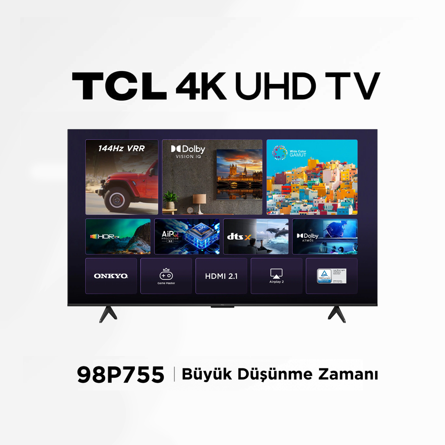 TCL 4K UHD TV ekranı, birden fazla görüntü gösteriyor. TV bir sehpa üzerinde. Üstte ve altta metin var.
