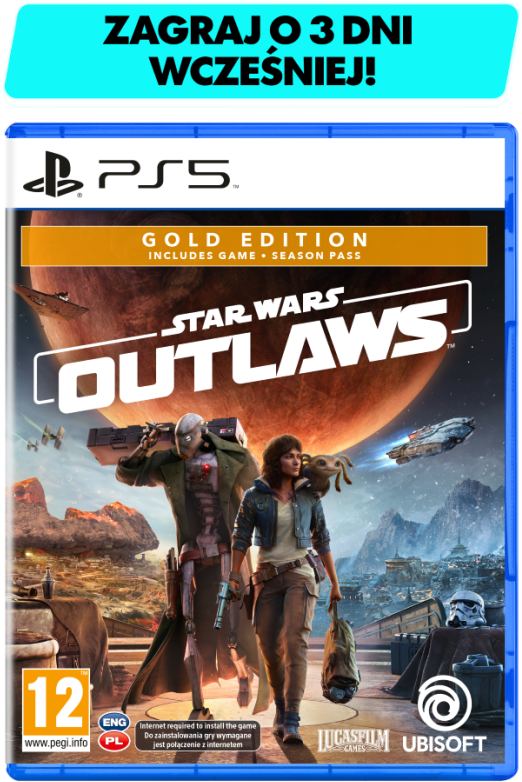 Okładka gry Star Wars Outlaws: Postacie z planetą i statkiem kosmicznym. Logo PS5.