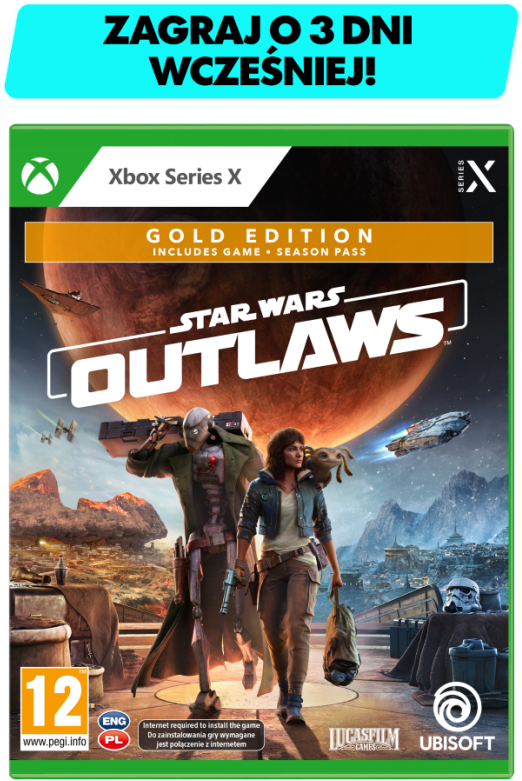 Pudełko gry Star Wars Outlaws. Postacie na tle kosmicznym. Logo Xbox Series X widoczne.