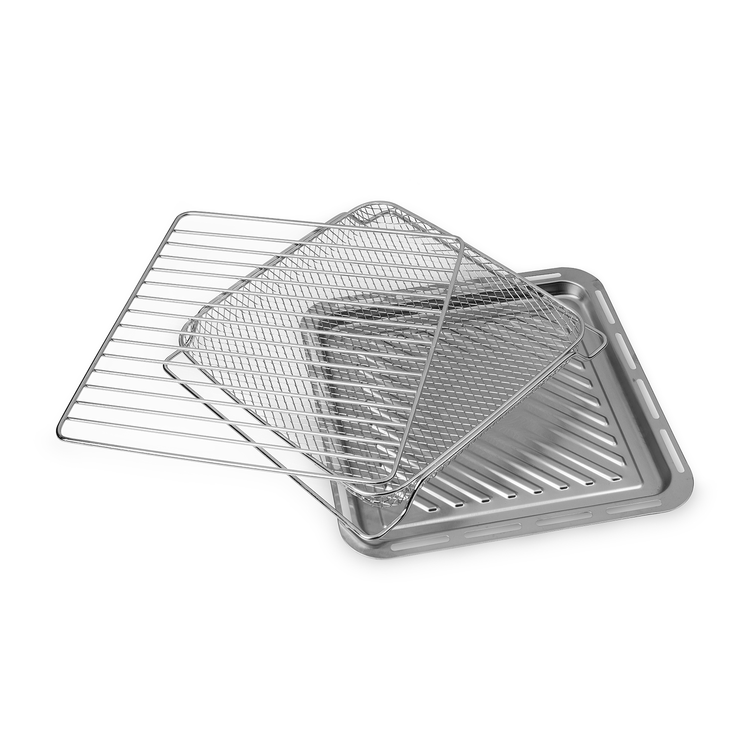 Accessori per friggitrice ad aria in acciaio inox: cestello, griglia e vassoio.