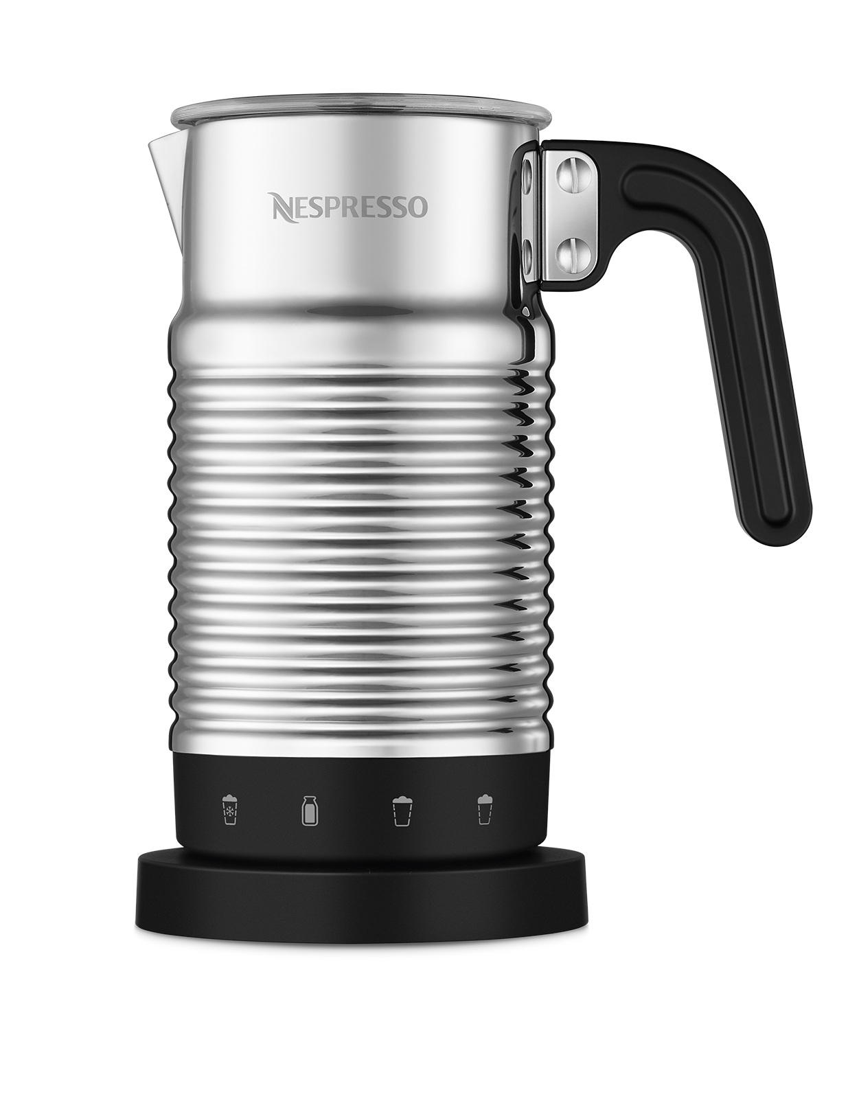 Silberner Nespresso Milchaufschäumer auf schwarzer Basis. Hat einen schwarzen Griff und Tasten für Modi.